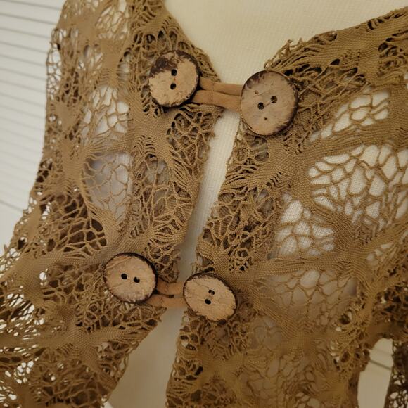 Adore Medium Tan Crochet Lace Button Front Cardigan Boho Layering Top - Picture 5 of 8